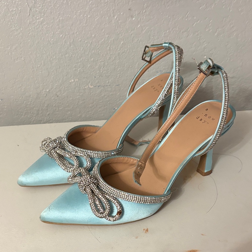 a new day Light Blue Satin Heels with Silver Accents